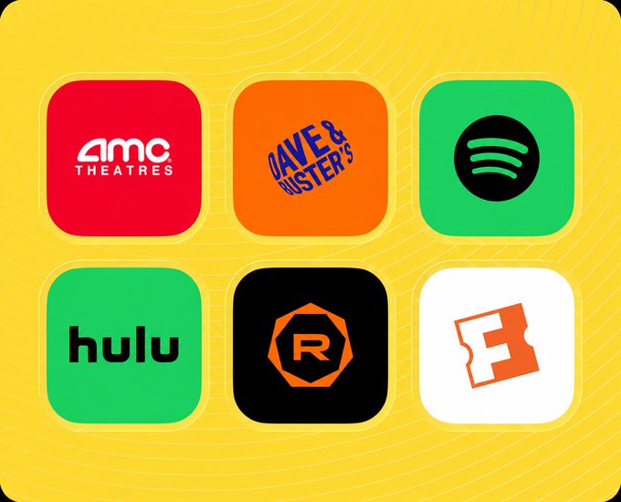 A collage of six streaming service app icons on a yellow background, including AMC Theatres, Dave & Buster's, Spotify, Hulu, and two other gaming/entertainment apps.