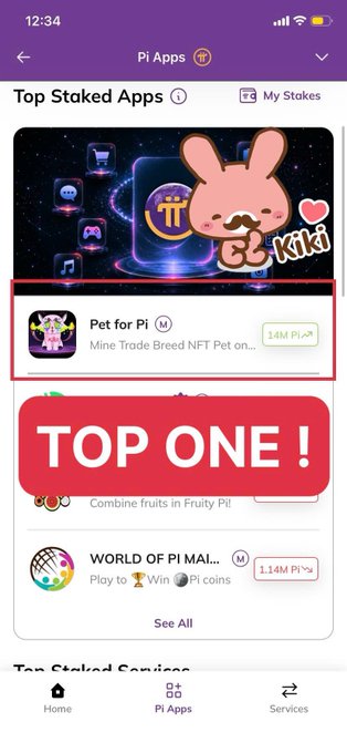 A mobile app screenshot showing the 'Pi Apps' page with 'Top Staked Apps' including 'Pet for Pi' (14M Pi), 'TOP ONE!' (Combine fruits in Fruity Pi), and 'WORLD OF PI MAI...' (1.14M Pi).