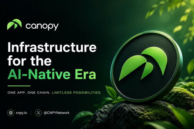 A promotional graphic for 'canopy' featuring the text 'Infrastructure for the AI-Native Era' and 'ONE APP. ONE CHAIN. LIMITLESS POSSIBILITIES.' next to a green logo.