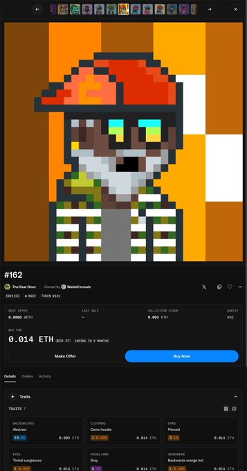 OpenSea NFT listing page for 'The Real Ones' #162 pixel art character, showing a base price of 0.014 ETH (~$29.37) with traits like 'Trollta' background and 'Camo hoodie' clothing.