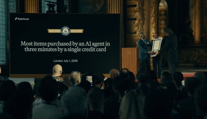Three men in suits hold a framed Guinness World Record certificate on stage at a formal ceremony, while a large screen behind them displays the Robinhood logo and reads "Most items purchased by an AI agent in three minutes by a single credit card - London July 1, 2026." The image directly illustrates the accompanying post celebrating $HOOD's AI agent setting a Guinness World Record for the most credit card purchases in three minutes.