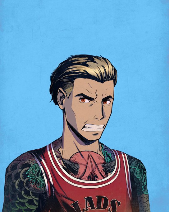 Anime-style illustration of a serious young man with bleached blonde hair, red eyes, tattoos, and an angry expression, wearing a red 'LADS' basketball jersey.