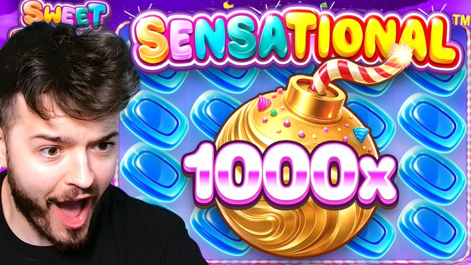 A bearded man with an excited expression appears on the left side of a vibrant "Sweet Sensational" slot game screen, featuring a golden bomb ornament and bold "1000X" multiplier text, promoting the video about hitting repeated 1000x multis on Sweet Fiesta with a $25 giveaway for Stake users.