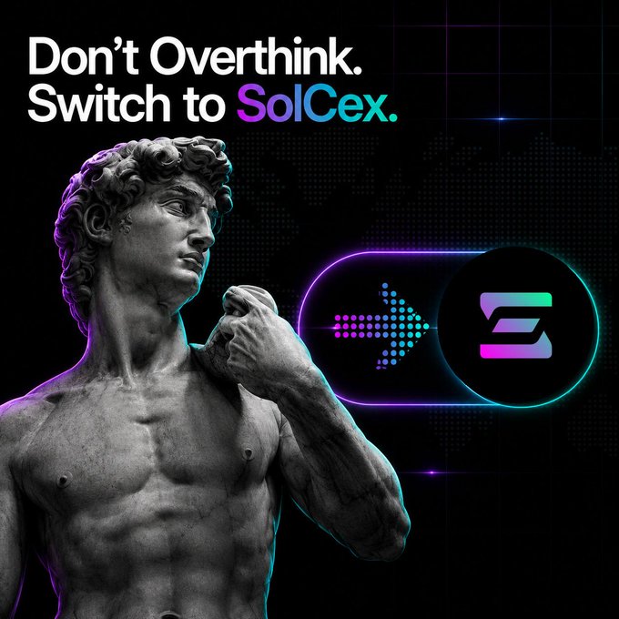 A promotional graphic with the text "Don't Overthink. Switch to SolCex." featuring a classical statue of a muscular man holding a modern neon-lit pill-shaped icon transitioning into a gradient "S" logo against a dark background.