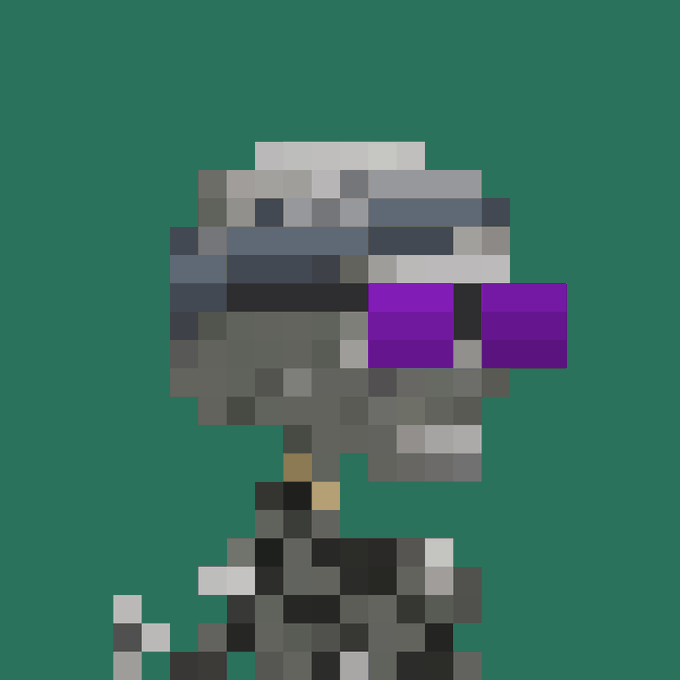 A pixelated, blocky avatar of a character with a white hat and purple accent rendered against a solid green background.