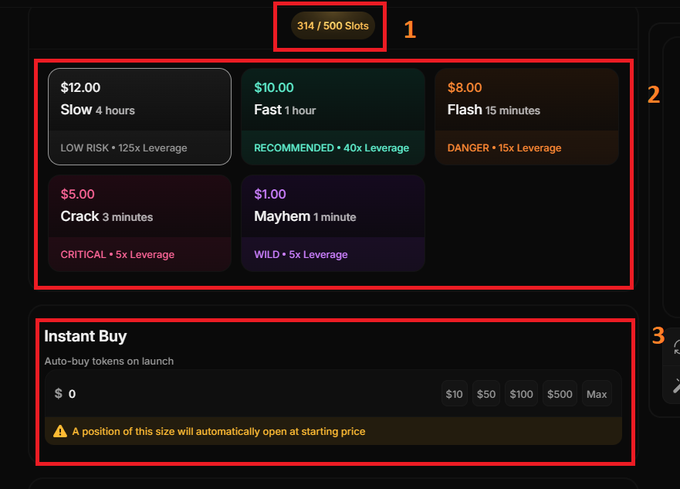 A user interface showing slot purchase options: '314 / 500 Slots', tiers like 'Slow 4 hours $12.00', 'Fast 1 hour $10.00', 'Flash 15 minutes $8.00', 'Crack 3 minutes $5.00', 'Mayhem 1 minute $1.00', and an 'Instant Buy' section.