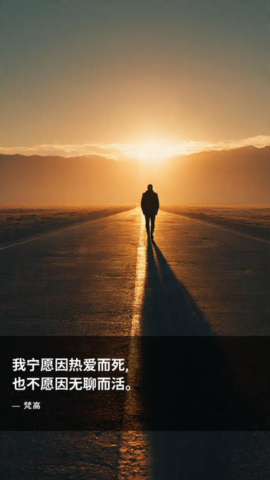 A silhouetted figure walks down a wet road toward a sunset, with overlaid Chinese text reading '我宁愿因热爱而死, 也不愿因无聊而活。 — 梵高'.