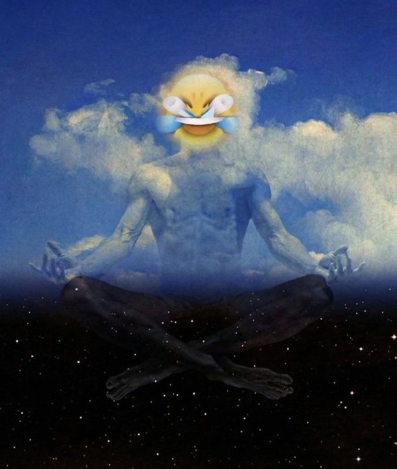 The image features a man with a face made of clouds, wearing a yellow smiley face sticker on his forehead. He appears to be sitting cross-legged in a meditative pose, surrounded by stars that create an otherworldly atmosphere. The caption reads "Laughing mode", which suggests the photo is meant to evoke humor or amusement rather than a serious or somber mood.