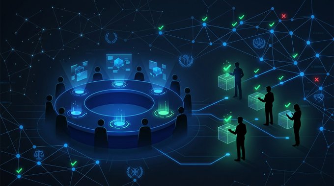 A digital illustration depicting a decentralized network concept, showing silhouettes of people around a glowing circular hub with checkmarks and blockchain-like icons, alongside figures interacting with digital ballot boxes marked with green checkmarks.