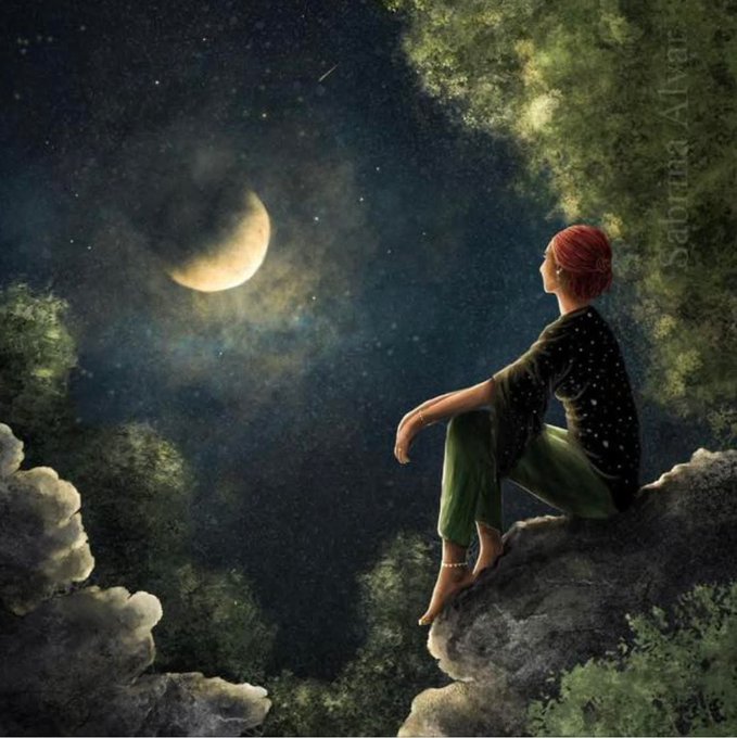 A digital painting depicting a person with red hair sitting on a rocky cliff edge at night, gazing up at a crescent moon and a starry sky, signed 'Sabrina Alves' on the right side.