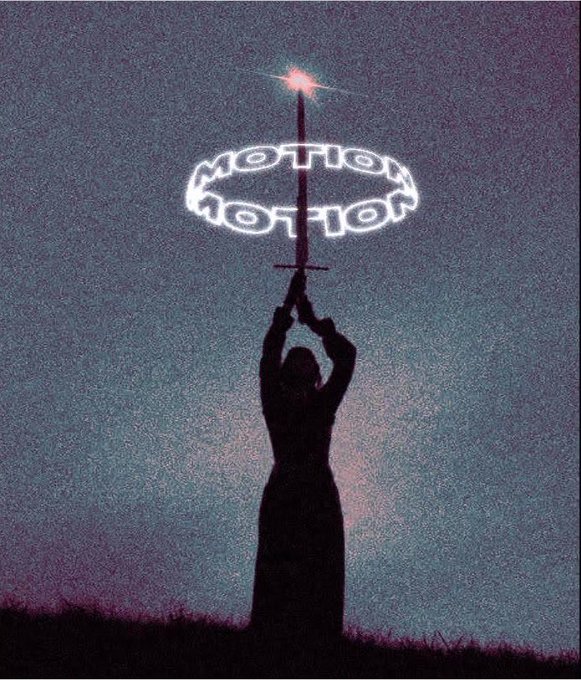 A silhouette of a person holding up a sword against a twilight sky, with light-painted text 'MOTION NOTION' floating in an oval shape around the blade.