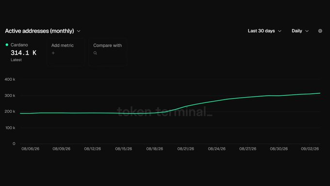 A Token Terminal chart displays Cardano's (ADA) monthly active addresses over the last 30 days, showing growth from approximately 190K to a peak of 314.1K, visually confirming the 67% increase noted in the post.