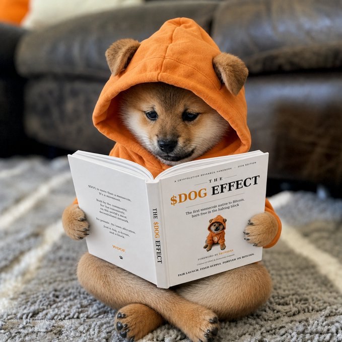 A Shiba Inu puppy wearing an orange hooded sweatshirt sits reading a book titled '$DOG EFFECT' about memecoins native to Bitcoin and free in the halving block.