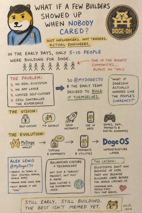 In the image, there's a cartoon depiction of a person wearing a blue shirt with a dog face on it. This person appears to be talking about the Dogecoin ecosystem. The text in the image reads "What if a few Builders were shown up when Nobody cared?" and "The problem is that the early days, only 5-10 people built for DOGEOSECONTRO".