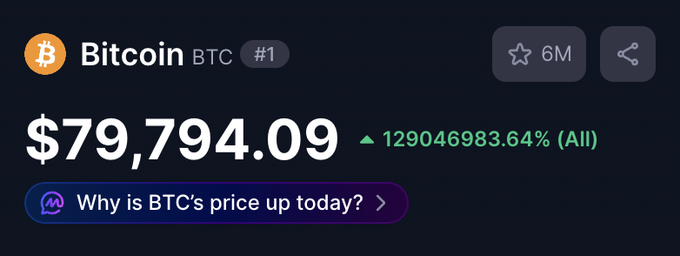 A dark-themed cryptocurrency tracker displays Bitcoin (BTC) at $79,794.09 with a 1,290,469,83.64% all-time gain. The post requests the image be edited to show Bitcoin's projected 2029 price of $160,000–$200,000.