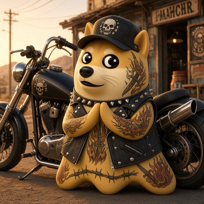 A 3D-rendered yellow Shiba Inu character with flame and dagger tattoos stands with hands clasped in prayer, wearing a black skull cap and spiked leather vest in front of a motorcycle.
