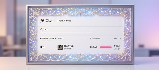 A leaderboard display from 'qup network | MINDSHARE' showing user 'REJAUL' (#MR1572) ranked 381 with 0.06% mindshare and #453 weekly.