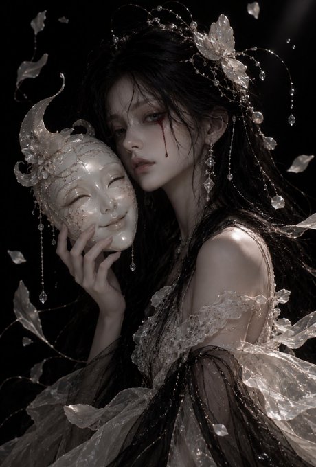 A highly detailed, dark fantasy digital artwork portraying a pale woman with dark hair and a tear-like streak of blood on her cheek, holding an ornate porcelain mask of a smiling figure against a black background.