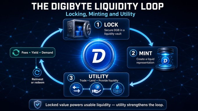 An infographic titled 'THE DIGIBYTE LIQUIDITY LOOP' illustrating the Locking, Minting, and Utility process for DGB, showing fees, yield, and demand feeding back into the loop.