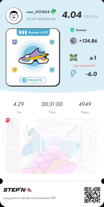 A STEP'N app screenshot showing a sneaker NFT (Runner Lv29) with stats including 4.04 GST/Min earnings, 4.29 km walked in 00:31:00 with 4949 steps.