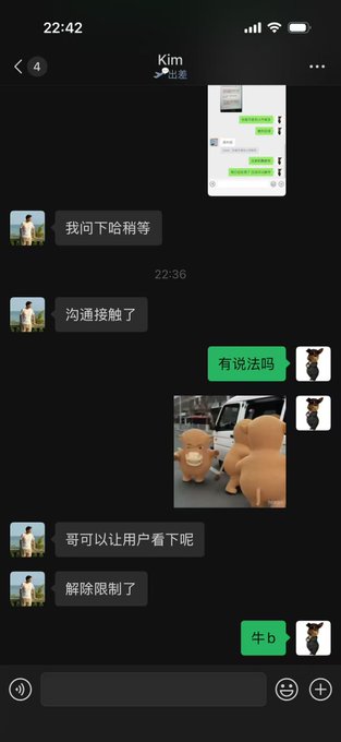 A WeChat/iMessage conversation screenshot with 'Kim' in Chinese, showing messages about contacting someone, removing restrictions, and acknowledging, along with an image of inflatable bear costumes.