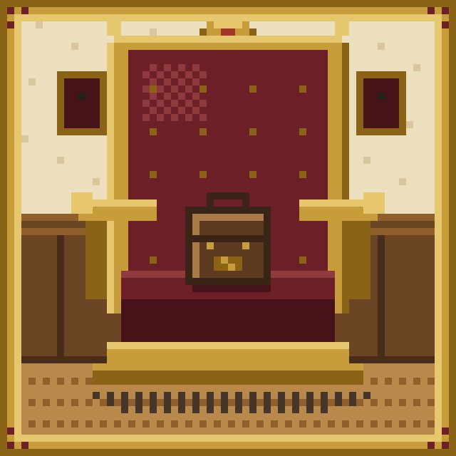 A pixel art depiction of a king or official figure wearing a helmet, set within a gold and maroon framed throne room scene.