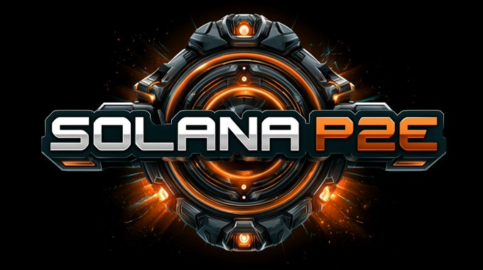A sleek, futuristic logo featuring a circular mechanical emblem with glowing orange accents, displaying the text "SOLANA P2E" in bold metallic lettering. The high-tech design visually reinforces the post's announcement about the Solana P2E gaming platform's new token-gated voting removal and free daily voting feature.