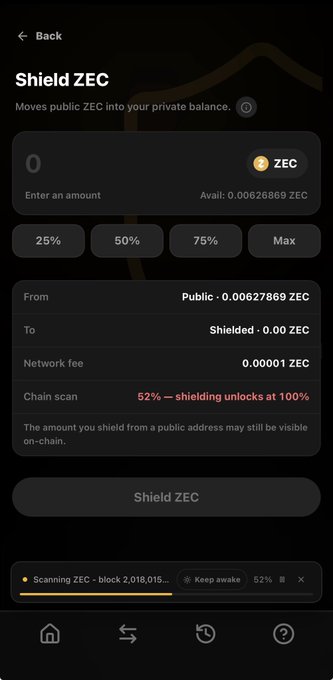 Screenshot of a ZEC wallet interface titled "Shield ZEC" showing transaction details with 0.00628869 ZEC being moved from a public to shielded address, chain scan at 52%.