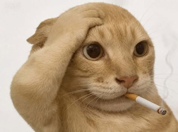 An AI-generated image of an orange cat holding its paw to its head like a human while smoking a cigarette.