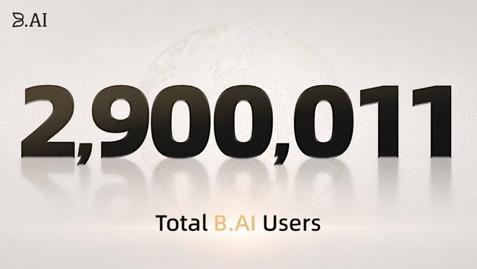 B.AI announcement graphic displaying '2,900,011 Total B.AI Users' in large black numerals over a faint globe background.