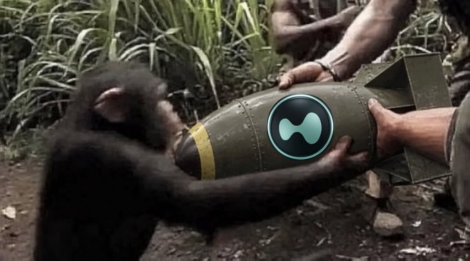 An image of a chimpanzee reaching toward a military bomb being handed over by soldiers, with a cryptocurrency-style logo (appearing to be Hyperliquid/HYPE) superimposed on the bomb.