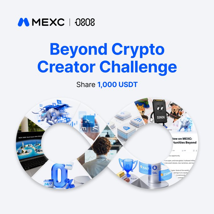 A promotional graphic for the MEXC 0808 "Beyond Crypto Creator Challenge" featuring a blue infinity symbol collage, offering a 1,000 USDT prize pool to be shared among 20 winners for creating content about stocks, TradFi, and zero-fee trading.