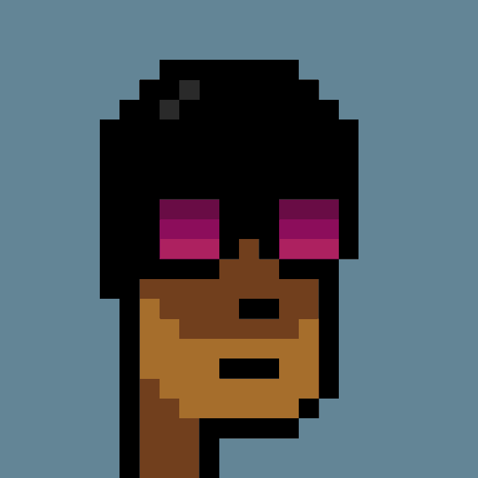 A pixel art portrait of a character with dark skin, black hair, and bright pink rectangular eyes against a solid blue background.