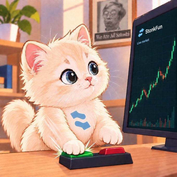 An anime-style illustration of a cute orange kitten with a blue logo pressing a button while watching a 'StonkFun' live market chart showing a green upward trend.
