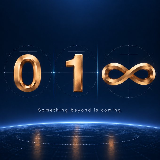 Golden metallic numerals "0" and "1" flank an infinity symbol against a deep blue cosmic backdrop, accompanied by the tagline "Something beyond is coming." The image visually reinforces the post's cryptic hint of a "massive upgrade" coming Monday, inviting viewers to guess what the combination of 0, 1, and infinity might signify.