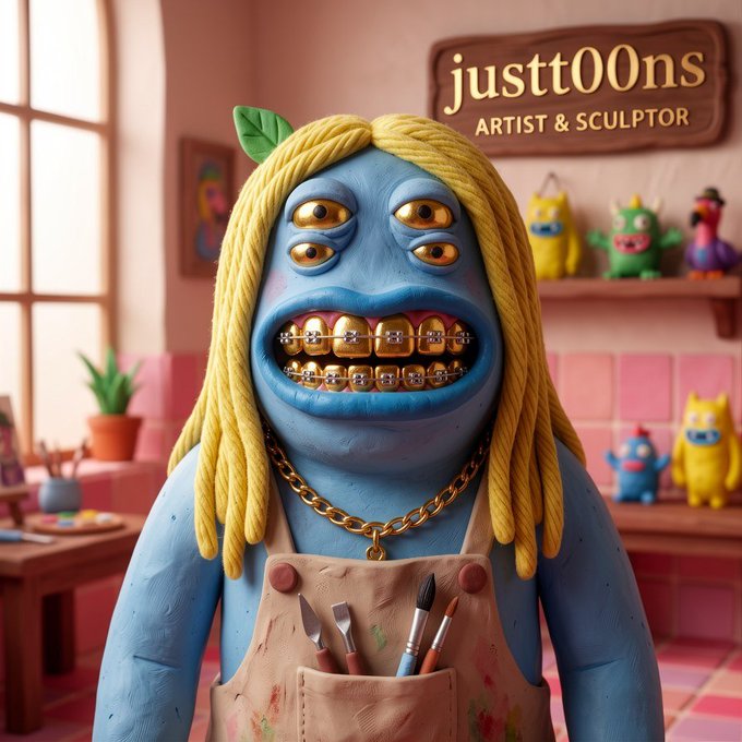 Blue three-eyed monster character with blonde dreadlocks, gold teeth, and an artist's apron in a studio labeled 'justt00ns ARTIST & SCULPTOR'.