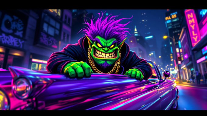 The image features a cartoon character with green hair, wearing a black jacket and holding a chain. The character appears to be sitting inside a car, possibly a convertible or a sports car, as indicated by the text "TROLL". The background of the image is filled with neon lights, giving it a vibrant and energetic atmosphere. The caption at the bottom of the image reads "TROLL chat12 #solana #memecoin #fomotrll".