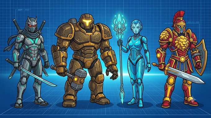 An illustration of four armored characters — a ninja, a heavy mech, a blue-skinned ice mage, and a Roman-style gladiator — lined up on a blue grid background.