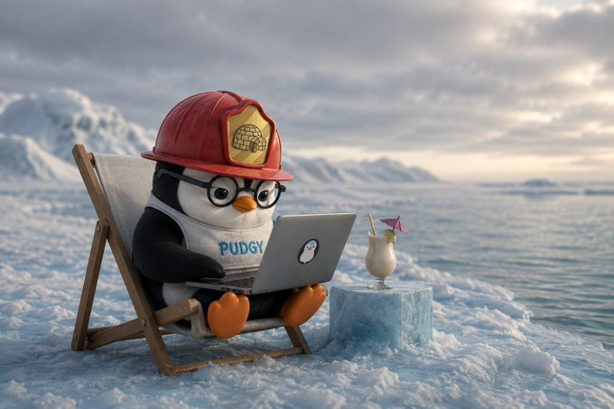A cartoon penguin wearing a red firefighter helmet and glasses sits in a beach chair on ice, working on a laptop displaying the PUDGY logo, with a cocktail beside it.