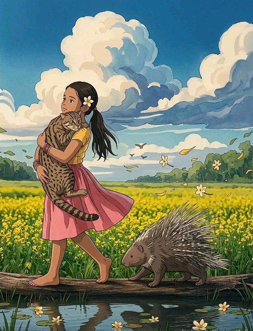 A digital illustration in a cartoon style features a young girl in a yellow top and pink skirt walking on a log, carrying a tabby cat, while a porcupine walks ahead in a field of yellow flowers.