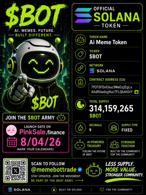 Promotional poster for "$BOT" — an Official Solana AI Meme Token launching on PinkSale.finance on 8/04/26, featuring a pixel-smile robot mascot, ticker $BOT, total supply of 314,159,265 BOT, and contract address 7fCFSFDvE6uc9WeEqjEgLxXAdRUwdxg9ucTFLQbAtGtY, with a call to "Join the $BOT Army."