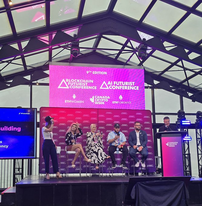 A panel discussion at the 9th Edition Blockchain Futurist Conference and AI Futurist Conference, featuring several speakers on stage with the Canada Crypto Week backdrop.