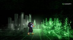 An animated video featuring a small penguin character standing in a dark room with a glowing green cityscape and foliage, with a 'CANOPY' logo in the corner.