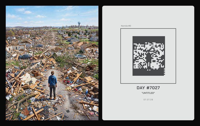 A person stands surveying widespread destruction in a devastated neighborhood, paired with a minimalist poster reading "Normie #0," "DAY #7027," "UNTITLED," and dated "07.27.26." The juxtaposition of "gm gm all" (a casual crypto/Web3 greeting) with imagery of ruin and a 7,000+ day timestamp evokes a bleak, ironic tone—suggesting routine optimism persisting amid catastrophic decay.