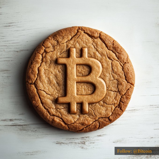 A golden-brown cookie embossed with the Bitcoin "₿" symbol rests on a white wooden surface, playfully linking Bitcoin's recent price of $81,219.15 to a sweet treat with a "Follow: @Bitcoin" tag in the corner.