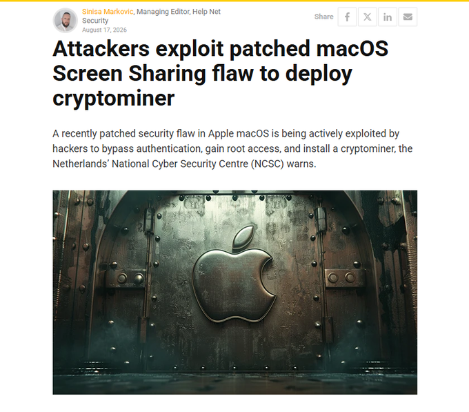 The image shows the Apple logo on a distressed metal surface, illustrating the article "Attackers exploit patched macOS Screen Sharing flaw to deploy cryptominer" warning Mac users of a security vulnerability.