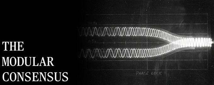 A dark, textured graphic features the text 'THE MODULAR CONSENSUS' on the left and a black-and-white oscilloscope wave pattern labeled 'PHASE LOCK' on the right.