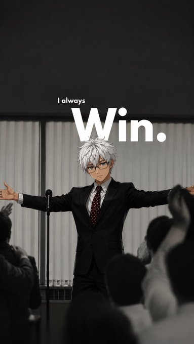An anime-style character with white hair and glasses in a black suit standing with arms outstretched before a crowd, with the text 'I always Win.' displayed above.