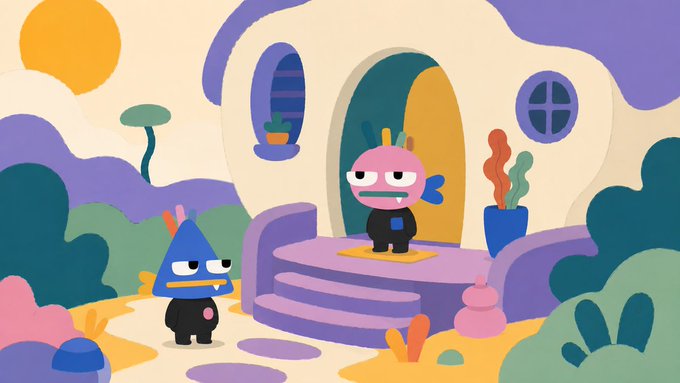 Two quirky cartoon characters—a blue triangle and a pink creature—stand outside a whimsical, rounded house in a colorful pastel landscape, fitting the playful NFT drop announcement for "MINT DETAILS" featuring RETARDS, FUDDERS, and PUBLIC mint times with a checker link to opensea.io/collection/hoo.