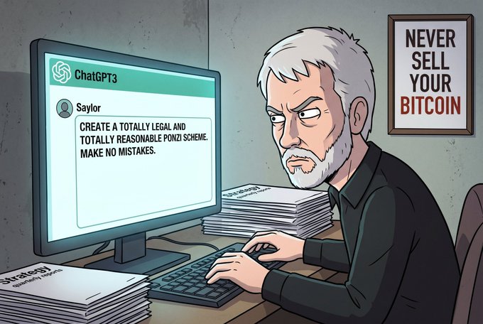 The image features a man sitting at a desk, typing on his computer keyboard while surrounded by stacks of paper. The man appears to be an older individual with gray hair. In front of him, there are several books scattered around the workspace. On top of one of these books, there is a sign that reads "Never sell your Bitcoin". This suggests that the man might be involved in some sort of Bitcoin-related activity or project. The image also contains text that says "Saylor @saylor reveals he used AI to design $STRC", which could potentially be related to the Bitcoin project or simply an unrelated statement about a character from a cartoon series.